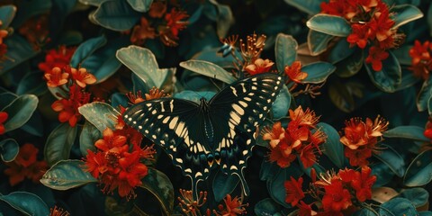 Citrus butterfly Papilio demoleus pollinating flowers on tropical shrubs