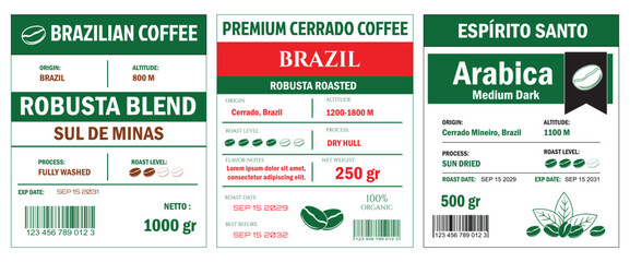 n illustration of coffee labels template, showcasing Robusta Blend and Arabica Grade Beans in cmyk mode with two tone color. The labels detail various coffee attributes such as origin, altitude,  