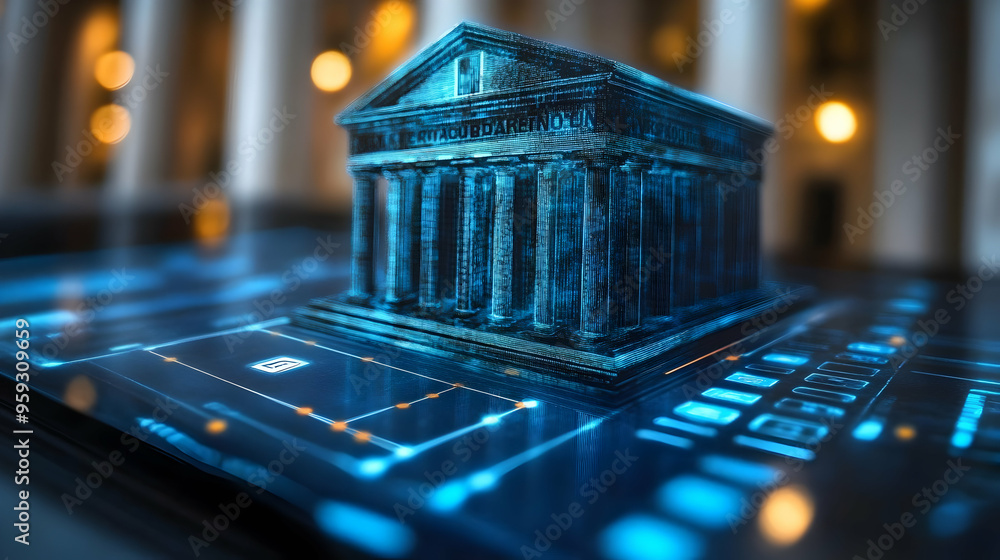 Poster a 3d model of a classic building sits on a futuristic digital interface, representing the intersecti