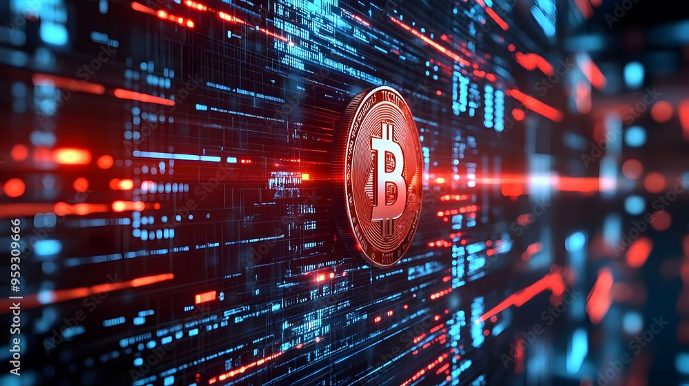 Poster a 3d rendering of a bitcoin cryptocurrency symbol hovering over a digital background with red and bl