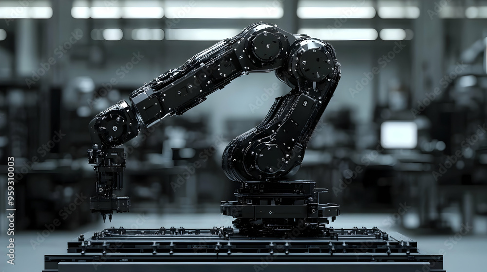 Poster a black robotic arm with multiple joints is positioned in a factory setting, its metallic surface re