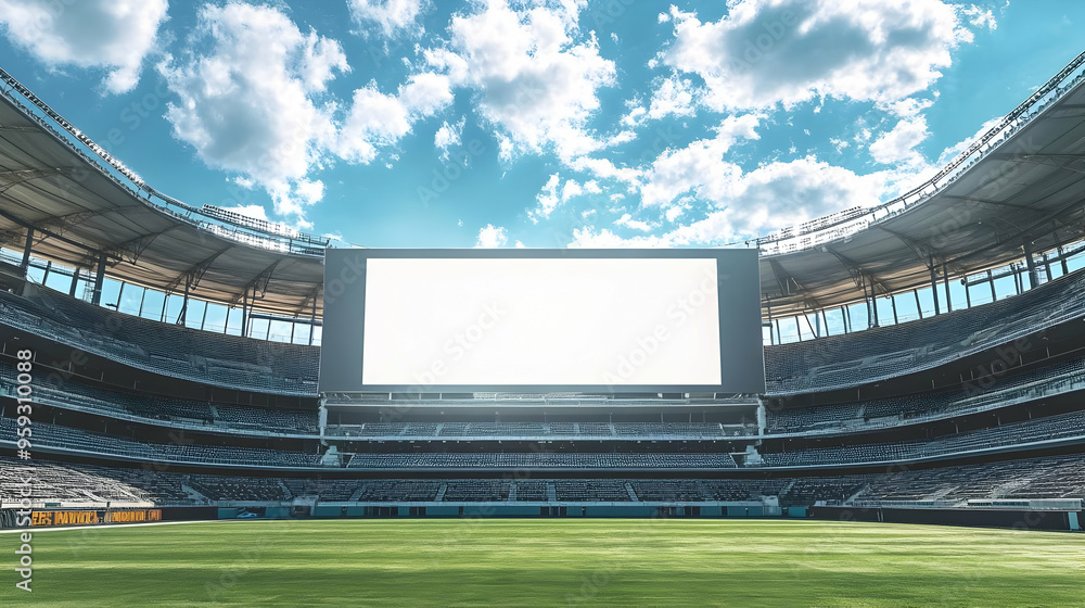 Poster a blank billboard hangs above a green field in an empty stadium with rows of seats.