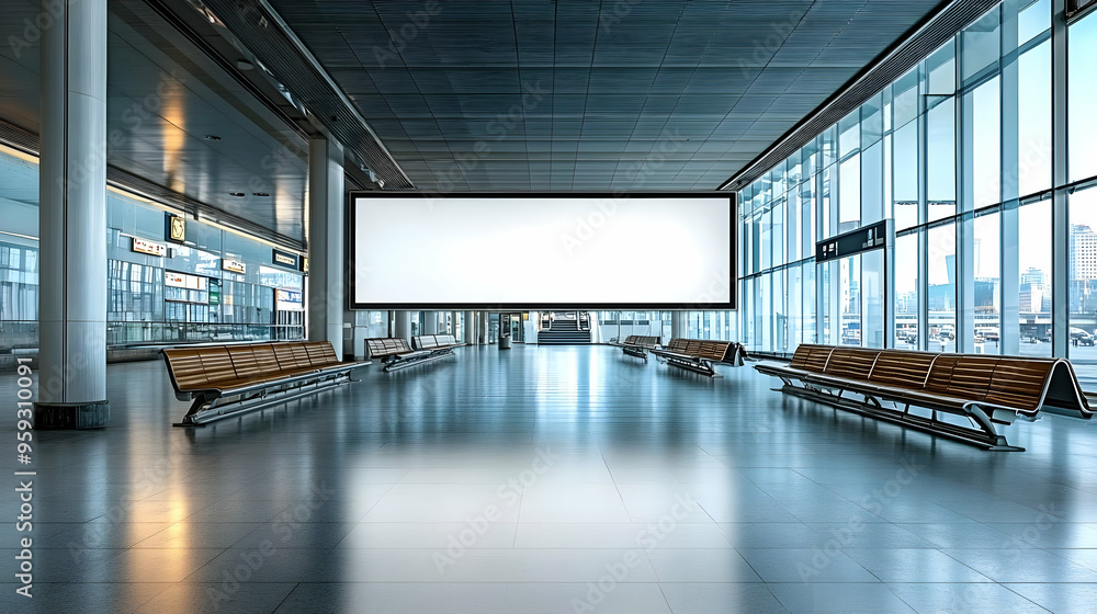 Poster a blank billboard inside a modern building with a large window.