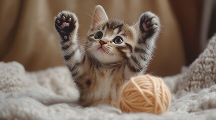 Tiny tabby kitten playing with a ball of yarn, paws up in the air.