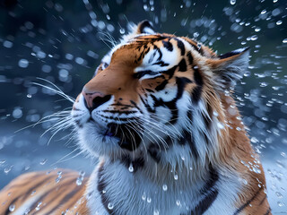Obraz premium A tiger playfully splashes water on its face, showcasing its vibrant fur and lively spirit in a natural setting.