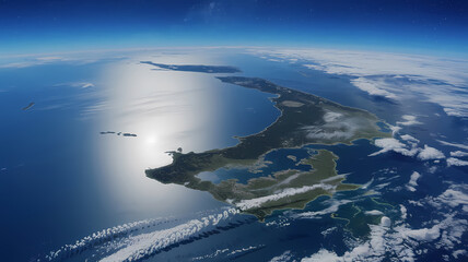 A stunning view of New Zealand from space, showcasing its diverse landscapes and vibrant coastlines against the dark backdrop of the ocean.