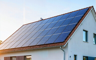 Fototapeta premium Solar roof on a single-family home reflects the sun