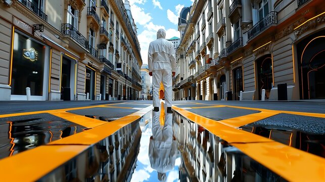 Overwhelming deja vu a figure stands bewildered in a familiar street where scenes from the past repeat and fold into one another creating an endless loop of overlapping realities the visual 