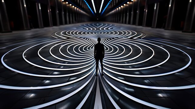 Overwhelming sense of deja vu a person stands in a street that repeats itself in infinite loops as moments from the past and present blur together creating a surreal sense of time folding onto 