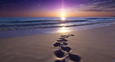 Obraz premium A serene beach on an alien planet, with a lavender ocean and two suns setting in the horizon, the sky filled with stars, and footprints leading to a spaceship, a perfect blend of space and paradise.