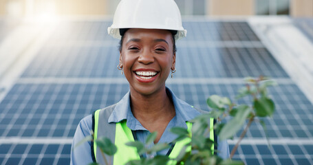 Black woman, engineer and plant with solar panel for eco friendly, environment and sustainable...