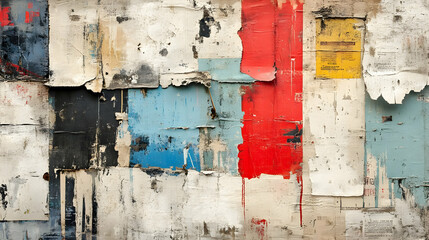 Naklejka premium A close up of a wall with layers of faded and ripped posters revealing textures and colors beneath.