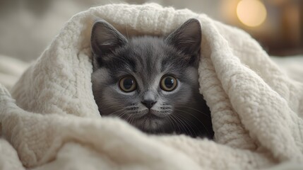 Gray kitten peeking out from under a blanket, eyes wide open.