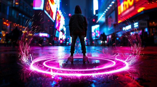 Overwhelming sensory overload a person stands at the center of a chaotic cityscape where lights sounds and movement bombard them from all directions their eyes are wide as they try to process 