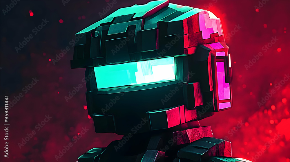 Poster a close-up of a futuristic robot with a glowing green visor and a red and black color scheme, standi