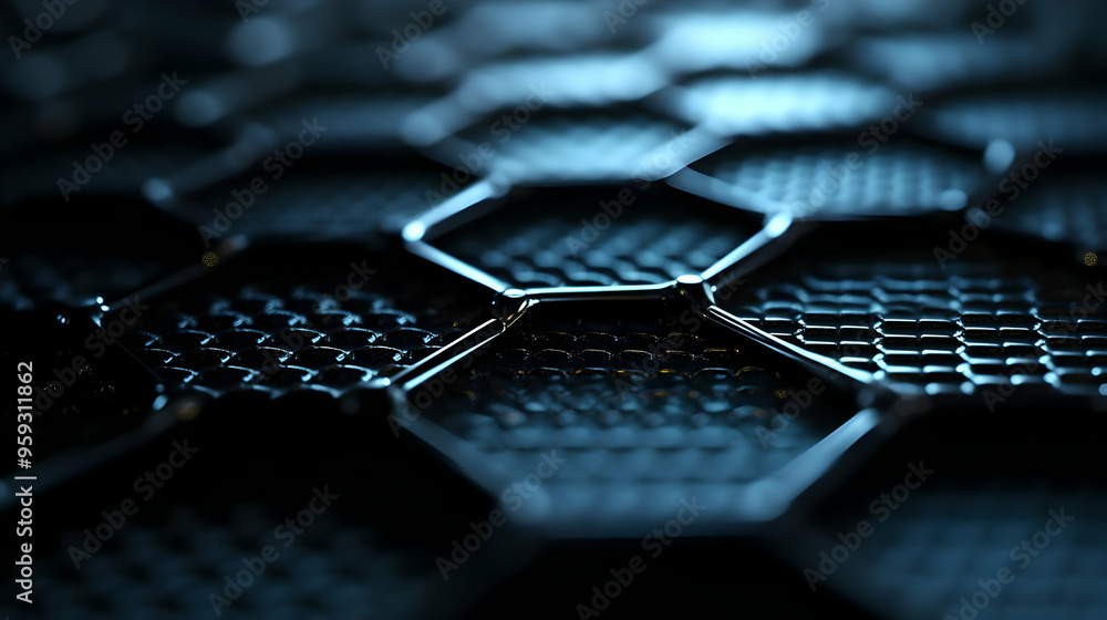Poster a close-up view of a metallic hexagonal structure with a blue hue.