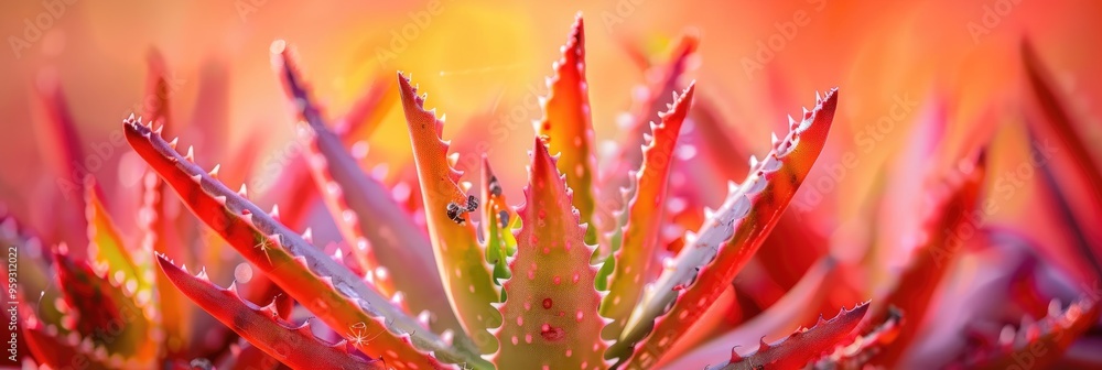 Wall mural Macro Shot of Hybrid Aloe Rauhii Succulent Featuring Vibrant Red Spikes and Shallow Depth of Field