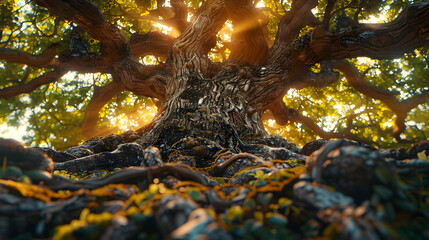 Sunlight Through Ancient Tree Roots Illustration