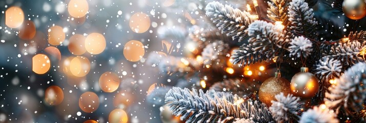 Elegant Christmas tree decorated with snow-covered branches, golden garlands, and shimmering bokeh lights, featuring stylish ornaments and bead decorations.