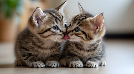 Obraz premium Pair of kittens, one licking the other, both sitting side by side. 