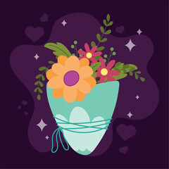 Colorful flower bouquet with leaves on dark background Vector
