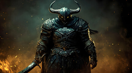 Fototapeta premium A dark, armored warrior with glowing eyes stands in a fiery background.