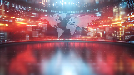 Obraz premium A digital world map displayed on a futuristic screen with bright red and blue lights.