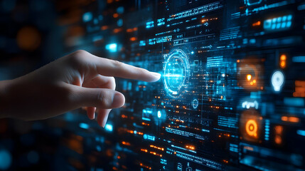 A finger pointing at a blue and white glowing circle on a digital screen.