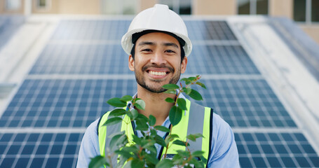 Asian man, portrait and plant with solar panel for eco friendly, environment and sustainable future in city. Engineer, innovation and infrastructure with smile or renewable energy in Malaysia © WesLens/peopleimages.com