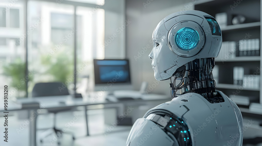 Poster a futuristic humanoid robot sits at an office desk in front of a computer with a blue interface in i