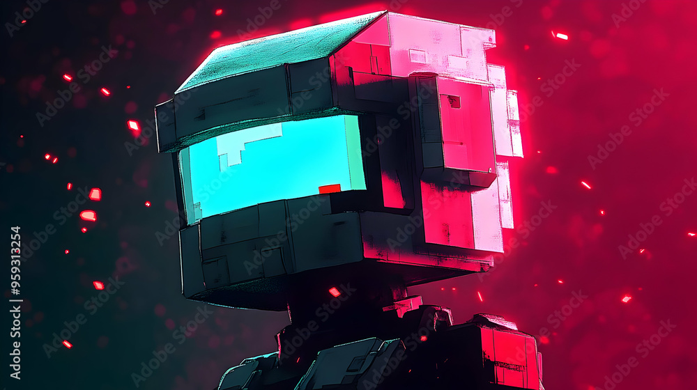 Poster a futuristic robot with a pixelated design and glowing blue eyes, against a red background with a fu