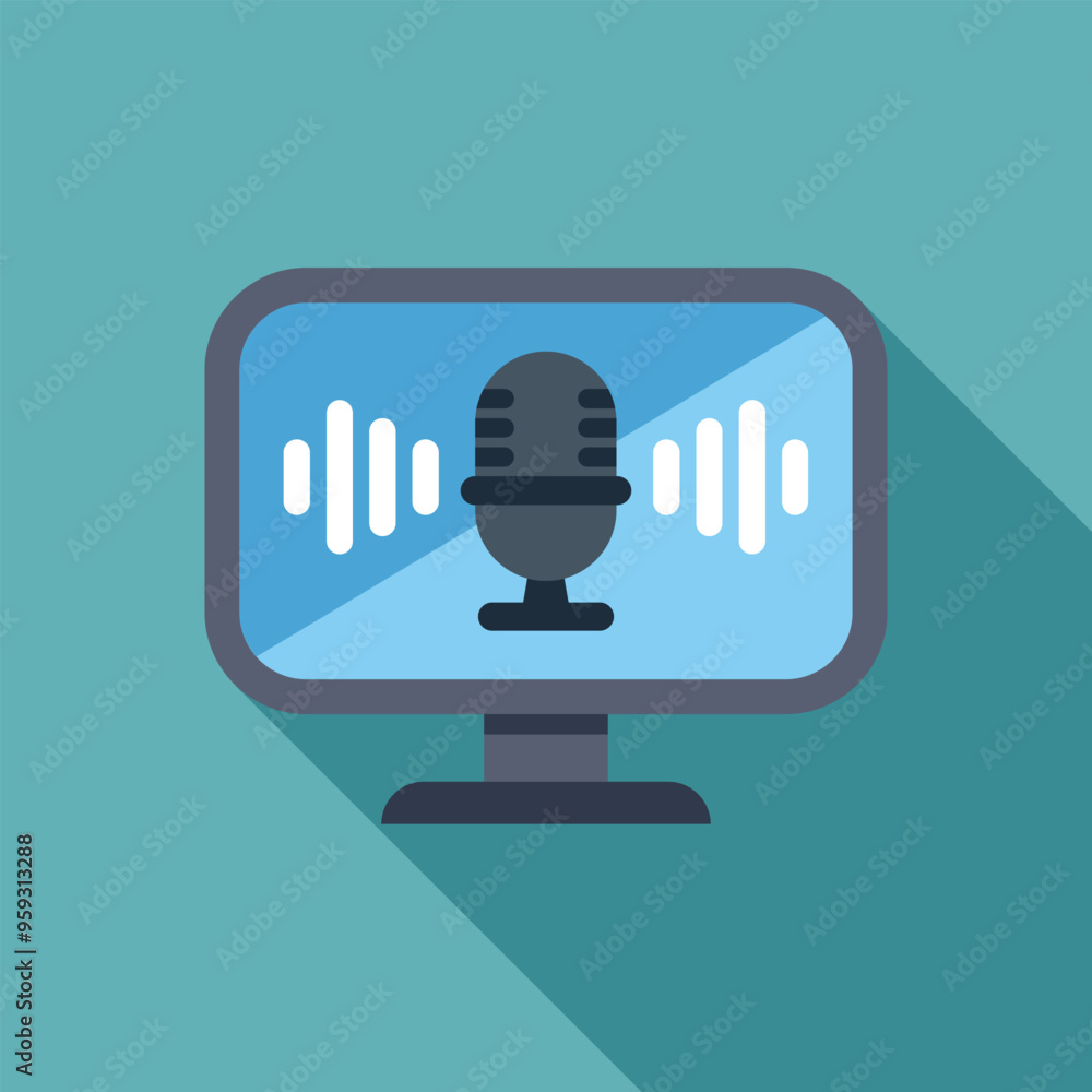 Poster computer screen displaying a microphone icon and soundwaves, representing podcast recording and audi