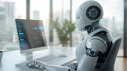 A futuristic robot sits at a desk, typing on a keyboard in front of a computer monitor.