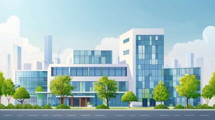 Obraz premium Modern office building with glass facade and landscaping in front of it, with cityscape background.