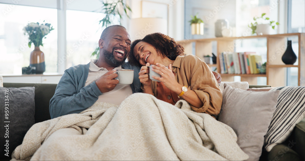 Sticker Laugh love and coffee with mature couple on sofa for bonding, marriage and romance. Happiness, calm and health with people drinking in living room of home for tea, communication and comfort together