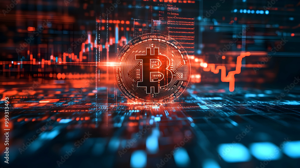 Poster a glowing bitcoin symbol with a red and blue color scheme on a digital circuit board background.