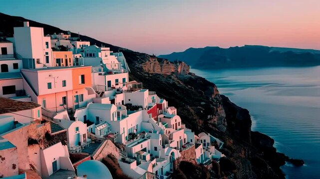 View of Santorini in Greece view from the top with a calm sea and white buildings.