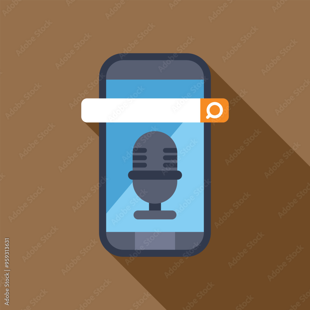Poster smartphone is showing voice search with a microphone and search bar, concept of voice search technol
