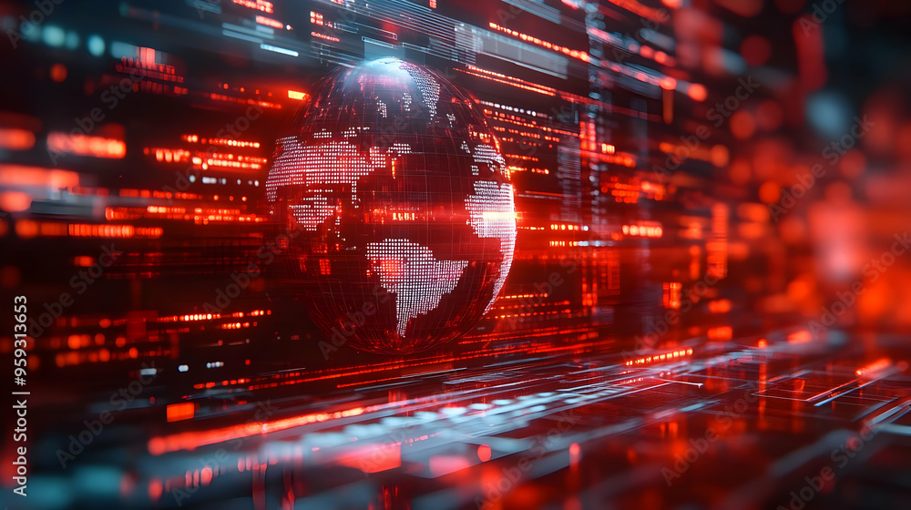 Poster a glowing, digital earth globe is embedded in a futuristic code background.