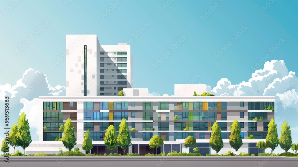 Poster modern apartment building with large windows and lush greenery in front.
