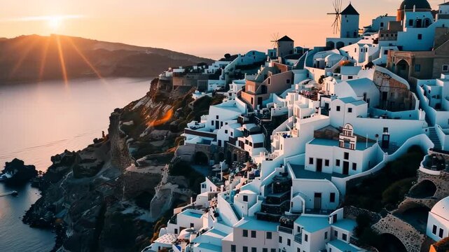 View of Santorini in Greece view from the top with a calm sea and white buildings.