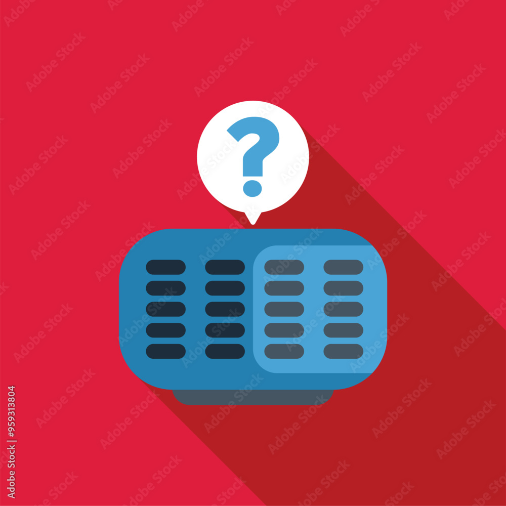 Poster blue electronic device with buttons and question mark in speech bubble floating above
