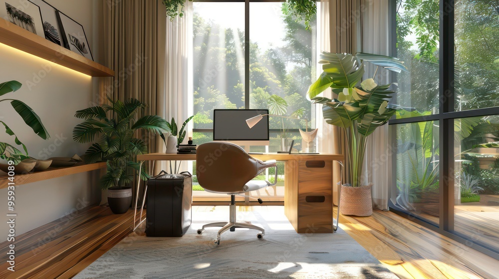 Poster a modern home office with a desk, a chair, and a computer in front of a large window with a view of 