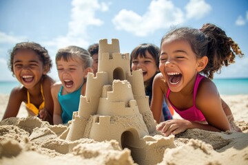Children working together to build a sandcastle at the beach during a class outing, laughing and enjoying the collaborative process
