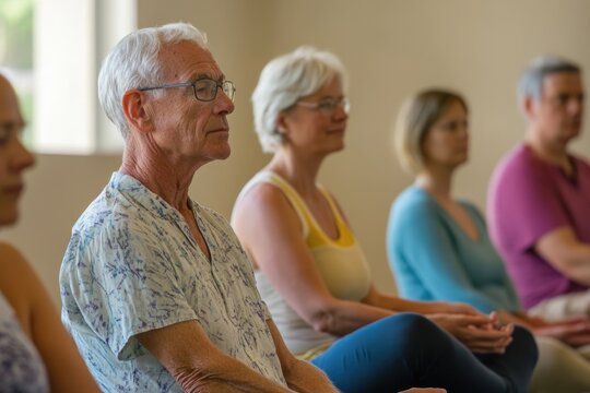 Seniors in a yoga class, learning new poses and breathing techniques from a patient instructor in a serene environment