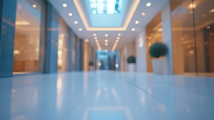 Blurred hotel or office building lobby blur background interior view toward reception hall modern luxury lounge white room space with blurry corridor and building glass wall : Generative AI
