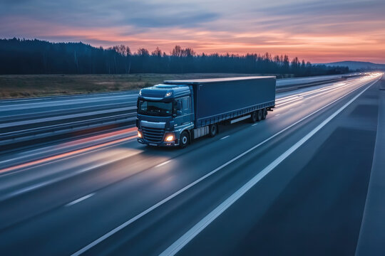 A transport truck on an empty highway at dawn, motion blur creating a sense of speed and early morning hustle, focusing on efficiency and reliability