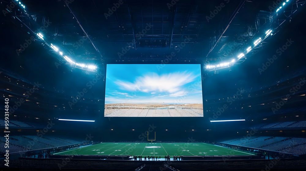 Poster a large video screen displaying a blue sky with white clouds and a field of people in a large empty 