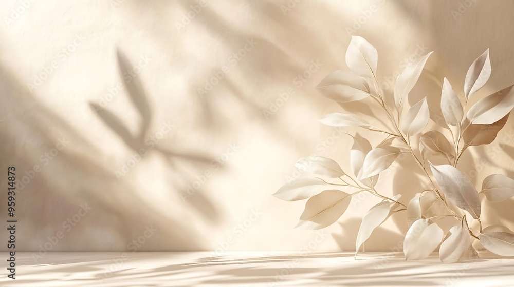 Poster background shadow studio autumn beige plant overlay podium 3d white light design table product room 