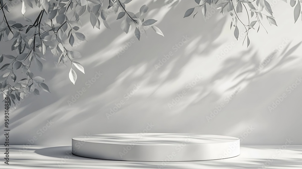 Poster Abstract empty white podium with leaf shadows on white background Mock up stand for product presentation 3D Render Minimal concept Advertising template : Generative AI